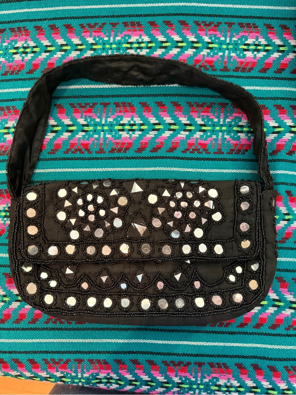 Vintage Christiana Black Mirror Embellished Beaded Shoulder Bag